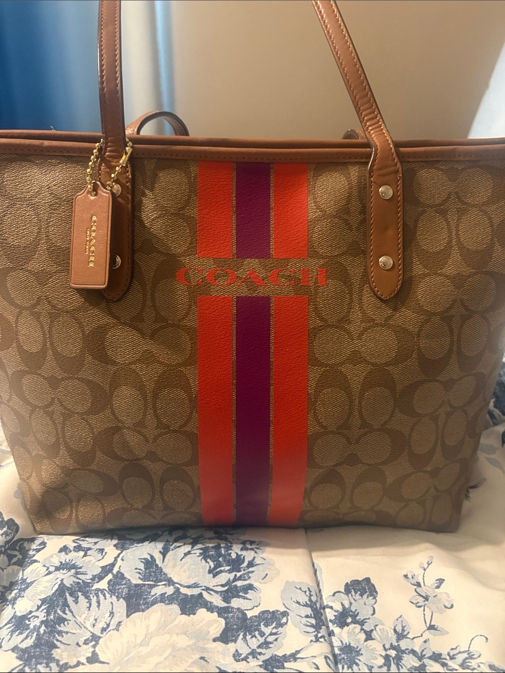 Coach Brown Signature Tote with Red and Purple Stripes